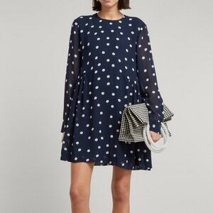 Ganni NWT Sz 34 Navy Blue Polka Dot Georgette Mini Dress Long Sleeve Babydoll